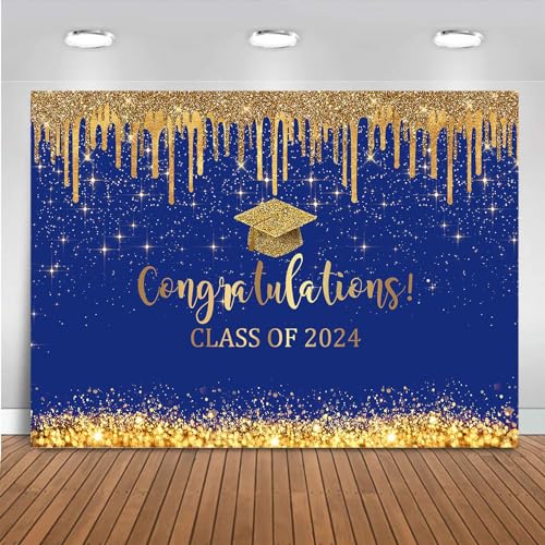 Mocsicka Blue and Gold Graduation Backdrop Congratulations Class of 2024 Photography Background 2024 Graduation Party Decorations Congrats Grad Cake Table Banner (blue gold-1, 8x6ft)