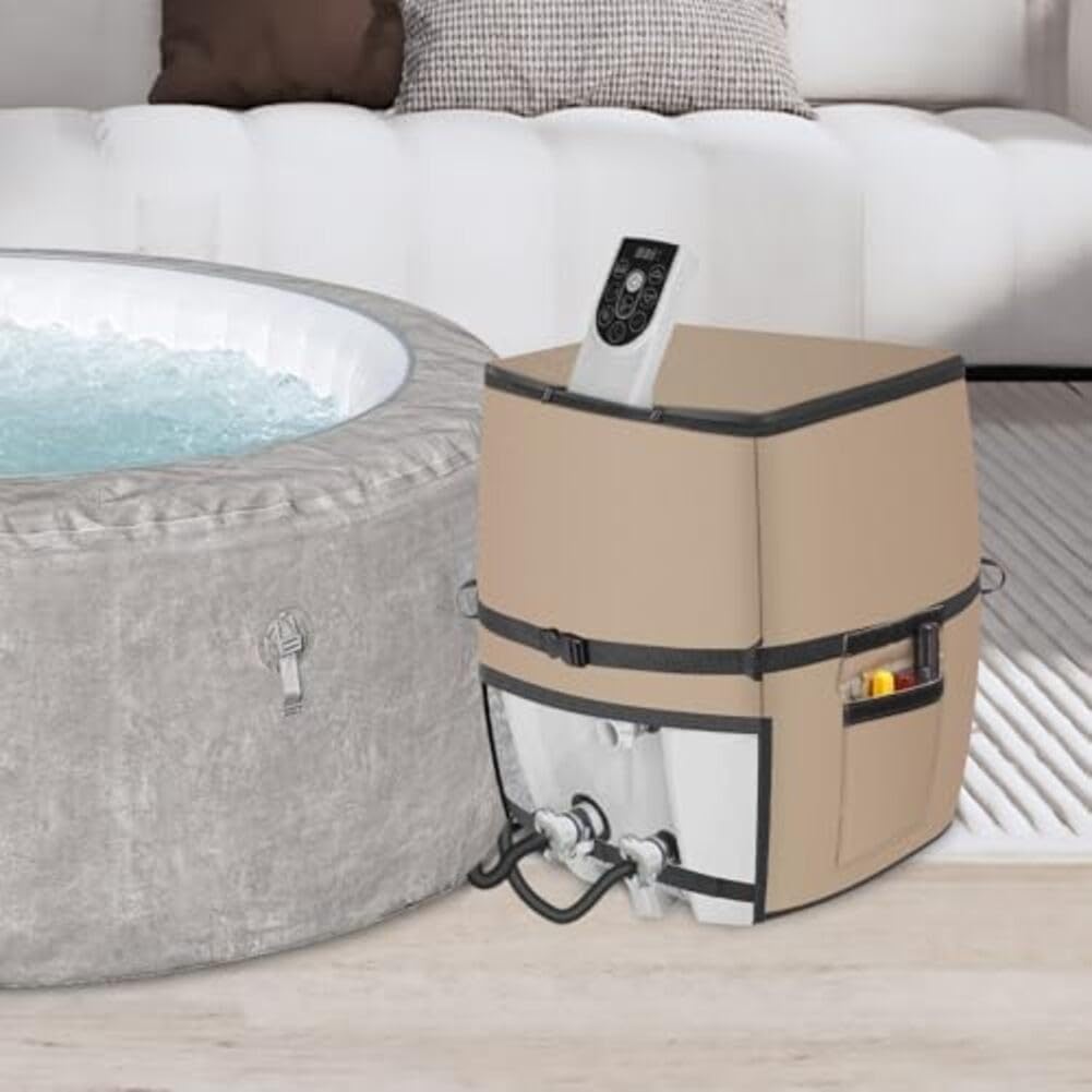 Spa-Pumpenabdeckung, 600D Oxford mit Aluminiumisolierung, wasserdichte Heizjacke für Outdoor-Whirlpool-Pumpen, winddichte Gurte und Aufbewahrungstasche, Khaki