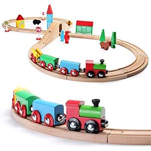 SainSmart Jr. Wooden Train Set for Toddler with Double-Side Train Tracks Fits Brio, Thomas, Melissa and Doug, Kids Wood Toy Train for 3,4,5 Year old Boys and Girls