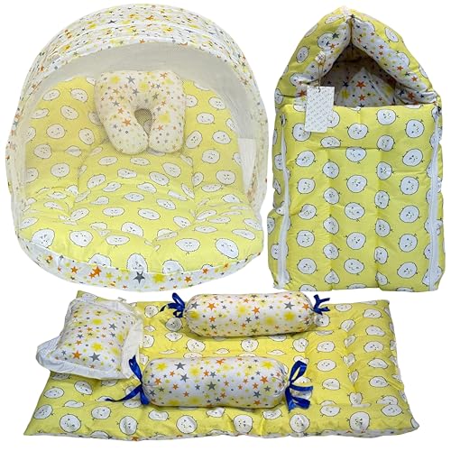 Image of Fareto Combo of Baby Bed with Net | Carry Bag | 4 Pcs Bedding Set (0-6 Months, Baby Size, Cotton) (Yellow Sheep)