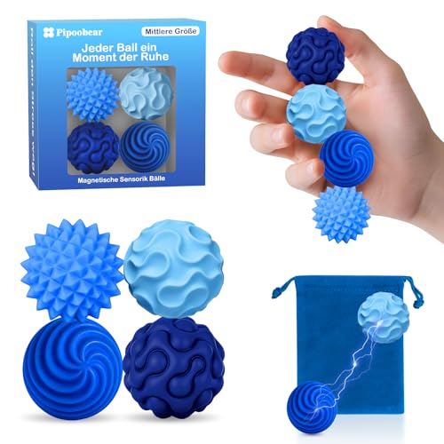 Pipoobear Magnetische Fidget Toys, 4 Stück Magnetische Fidget Bälle Mittelgroß Silikon Magnetkugeln Anti-Stress Bälle, Magnetkugeln Stressball Silikon Sensorik Spielzeug für Erwachsene & Kinder(Blau)