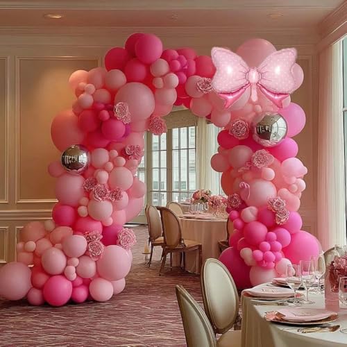 Image of Pink Balloon Arch Kit Double Stuffed Peach Pink Bow Balloon Garland Foil Silver Balloons For Happy Birthday Baby Shower Bridal Shower Wedding Girls Women Theme Tea Party Decor
