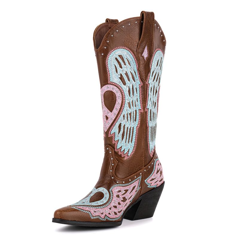 Womens Western Cowgirl Boots Embroidery Angel Wings Mid Calf Pointed Toe Chunky Heel Cowboy Boots for Women