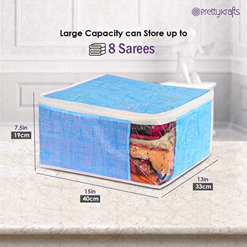 PrettyKrafts Set of 3 Foldable Saree Covers/Wardrobe Organizer With Transparent Window And Zip/Clothes Storage Bag For Women's Lehenga, Suit Saree & Other Accessories,(Size 40 x 33 x 19 CM),Jute Blue 3 517nmiRG4tL