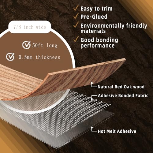 Image of GSCIT Club Red Oak Edge Banding, 7 /8 inch x 50ft roll of Veneer Edge Banding Preglued Flexible, Wood Tape Banding for Cabinet Repair