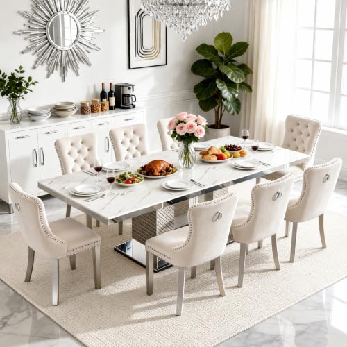 Image of 9-Piece Extendable Dining Table Set for 8, 63-94.5 inch Faux Marble Kitchen Table Set with 8 Beige Tufted Chairs, Large Expandable Dining Room Table for 6 8 10 with Silver Mirrored U-Shape Base