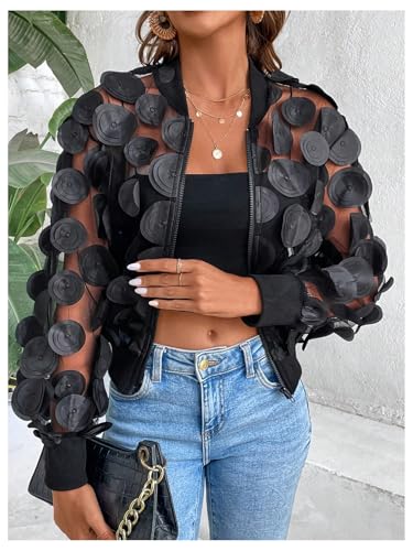 Milumia Women's Appliques Sheer Mesh Bomber Jackets Y2k Zip Up Jacket Outerwear4