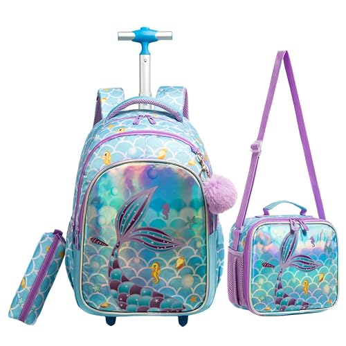 Mochila Rodinha Escolar Infantil de Lancheira e Estojo Lápis Ideal para Meninos e Meninas de 7 a 12 Anos (sereia02)