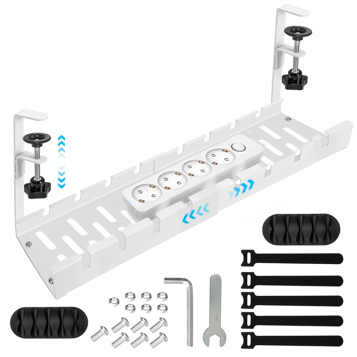 OFIFO® Under Desk Cable Management Tray, No Drill Retractable 11.2-21.6 Inch Adjustable Metal Cable Organizer, Clamp-On Wire Management Basket for Office Desk, Home Workspace Or Study Table (White)