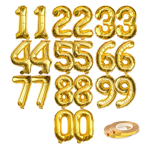 [20 Pcs] 16 Gold Foil Number Balloons (2 sets of 0-9) - Mylar Aluminum Hanging Decorations for Graduation Birthday Christmas & New Years Eve Parties