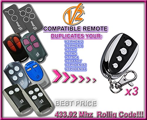 3 x V2 TSC2, TSC4, TRC2, TRC4 compatible mando a distancia y clone, 4-canali 433,92 MHz rolling code sustituye remoto. 3 Clone Mandos a distancia de alta calidad para el precio mejor.
