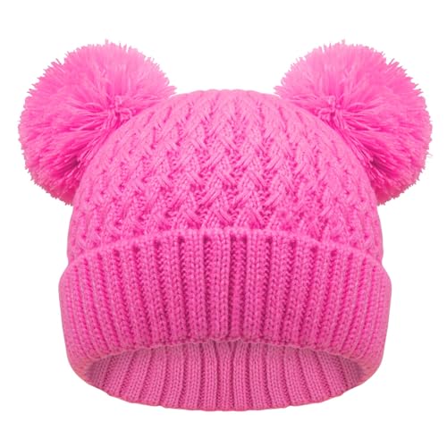 Kids Winter Hat Warm Knitted Beanies with Double Pom Pom Thick Ski Cap for Boys Girls 7-12 Years