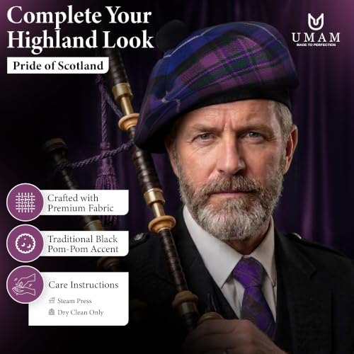 Image of Scottish Tam O' Shanter Hat Tartan Bonnet Pom Pom Wool Flat Cap One Size