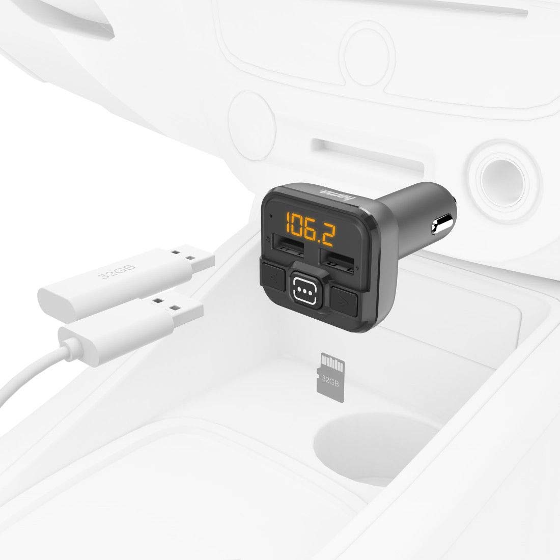Hama Bluetooth FM Transmitter fürs Autoradio mit Kfz Ladegerät (Auto Adapter für Zigarettenanzünder Buchse mit Anschlüssen für microSD, USB Stick und zum Laden, Wireless Bluetooth Transmitter) grau