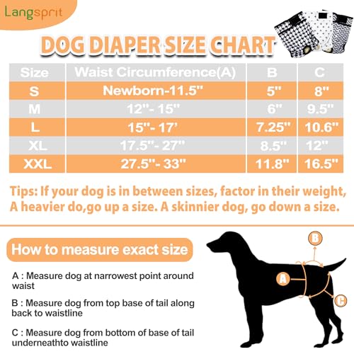 Image of Langsprit Washable Female Dog Diapers (3 Pack) - No Leak Reusable Diapers for Doggy Female in Period - Highly Absorbent Dog Heat Panties with Adjustable Snaps M