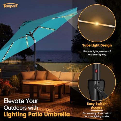 Image of Tempera Patio LED Umbrella with Light | Solar Outdoor Umbrella | Market Table Parasol with Push Button Tilt and Crank, with Sturdy Pole & Fade Resistant Canopy, Easy to Set
