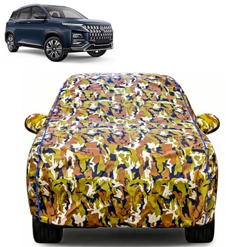 Image of Waterproof Car Body Cover for MG Hector Plus with Mirror Pocket| Cotton Inner Lining | Triple Stitched | All Weather Protection | Dust, UV & Rain Proof (Camouflage with Blue Piping)