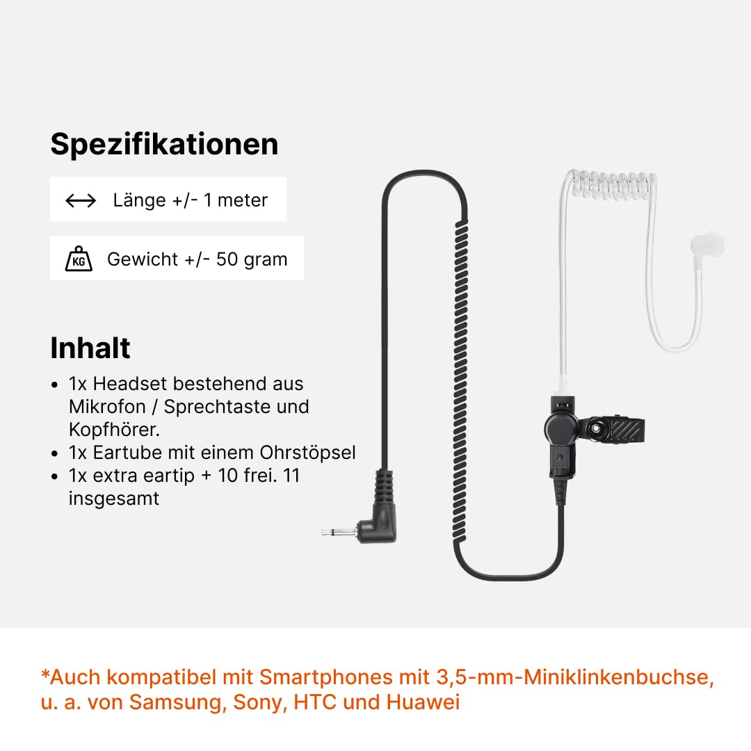 Ohrhörer (4er-Pack) Schallschlauch mit 3,5mm Klinke - transparent inkl. Halteclip und 10 (x4) Ohrstöpsel - Kopfhörer Headset für Funkgeräte