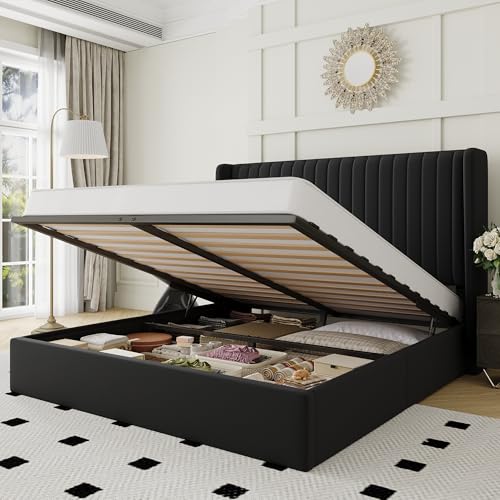 Image of Allewie Full Size Lift Up Storage Bed Frame Channel Tufted Headboard Black
