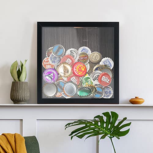 Image of GraduationMall 8x8 Top Loading Shadow Box Frame with HD Glass,Wood Display Case with Slot,1.25 inches Interior Depth,Ideal for Wine Bottle Caps,Tickets,Shells,Stamps and More,Black