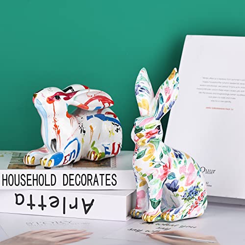 Easter Bunny Statue Creative Graffiti Rabbit Statue Resin Rabbit Figurines Modern Art Animal Collectible Figurines Zodiac Lucky Rabbit Sculpture For Home Office Shelf Desktop Decor Or Easter Gift #TOP6