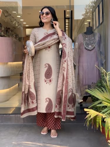 Image of Nermosa Women's Pure Viscose Block Printed Ethnic Wear Straight Kurta Set with Palazzo Pants & Dupatta | Kurta Set for Women | 3 Piece Set