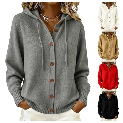 Women's Hooded Sweatshirt Button Down Knit Cardigan Long Sleeve Sweater