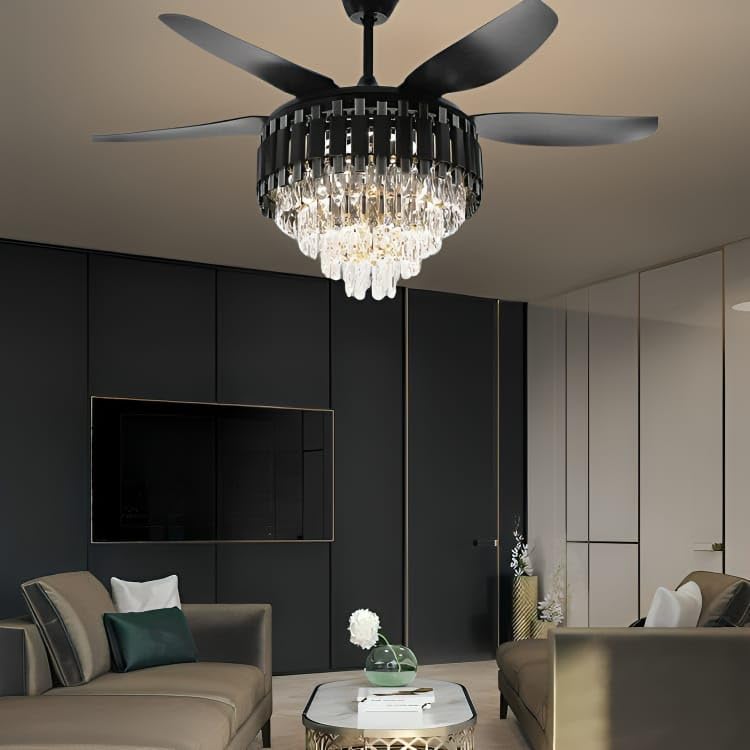 Image of Glowave 52 Inch Black Gold Crystal Chandelier Fan 3 Colors Light Speed Setting 6 Fan Blades Remote Control Ceiling Fan for Kitchen, Cafes, Hotels, Dining, Bar (Cottage)