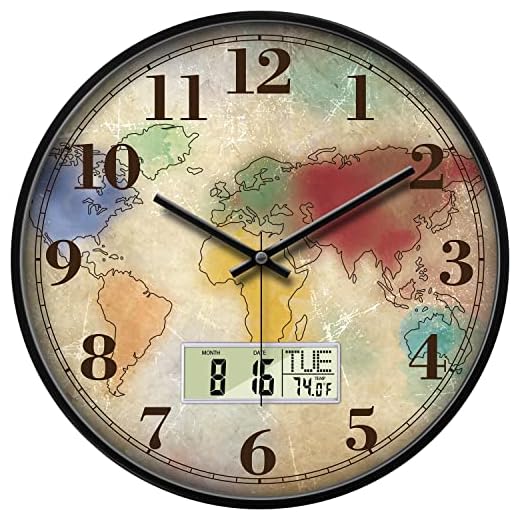 Modern Round Retro Digital and Analog Wall Clock Silent Calendar Colorful World Map Vintage Clocks with Date and Temperature Week Quiet Non-Ticking Kid Room Office Kitchen Decor for Bedroom 12 Inch