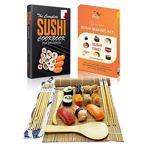 Sushi Making Kit - Beginners Sushi Maker Set with Bamboo Rolling Mat - Make Your Own Sushi at Home - All in One Set 2 Mats, 5 Pairs Chopsticks with Bag, Paddle, Spreader with Step by Step Book Guide Cover