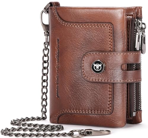 BULLCAPTAIN Bifold Mens Wallet with Chain Genuine Leather RFID Blocking Wallets Removable Zipper Coin Purse with ID Window (brown)