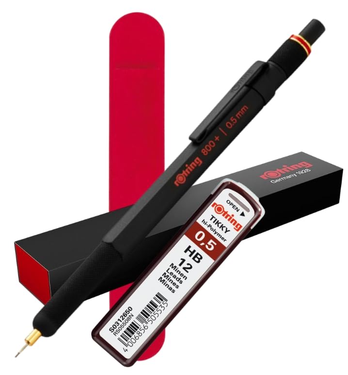 rOtring 800+ 0.5mm Mechanical Pencil with Touchscreen Tip | Black | Premium Hybrid Tool | Red Velvet Sleeve + 12 HB Leads | Gift Boxed | for Architects, Designers, Engineers, Students