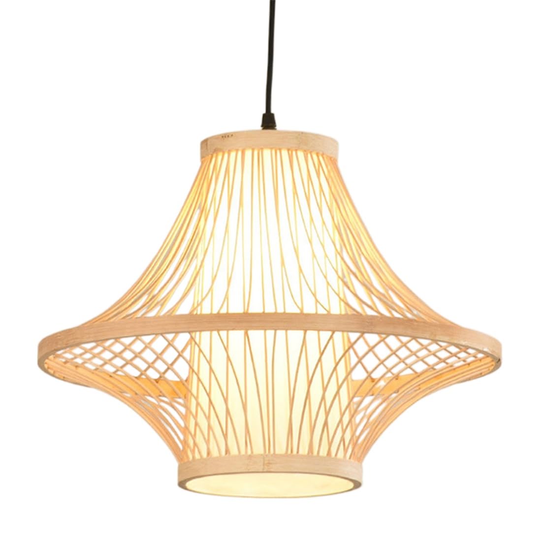 CSSYKV Farmhouse Bamboo Cage Chandelier Mid-Century Light Fixture, 2-Layer Faux Parchment Lampshade Natural Wicker Bamboo Hanging Pendant Lighting for Entryway Bar Foyer Hallways