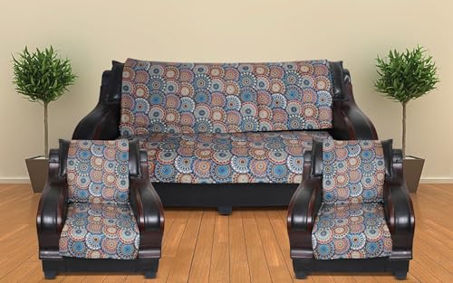 Image of 5 Seater Sofa Cover | Universal Non-Slip Fully Covered Protector for 3+1+1 Sofa Set | Durable Slipcover for Living Room Mandala Burst (Multicolor Bliss)