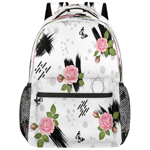 Mochila escolar de viaje para hombres y mujeres con mariposa rosa