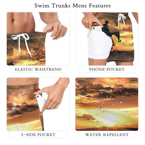 Mens Swim Trunks with Liner, Sunset Westen Cowboy Cool Quick Dry Beach Swim Shorts, Swimwear Bathing Suits S3