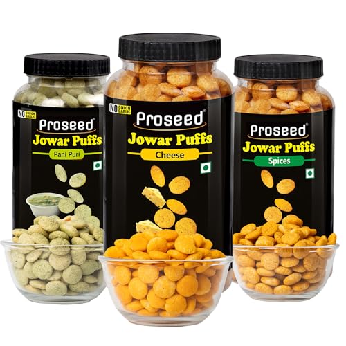 Image of Proseed Jowar Puffs (Pani Puri, Cheese & Spices) | 150g x 3 Packs (Total 450g) | Slow Roasted & 100% Veg | No Refined Flour, Sugar & Trans-Fat | Gluten Free | No Palm Oil | Healthy Millet Snacks
