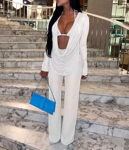 EDITCOZY Women Mesh Sheer 3pcs Outfits Long Sleeve Top Long Pant Bikini Cover Up2