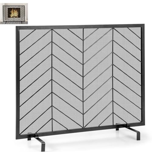 GiantexUK Fireplace Screen, Heavy Duty Metal Mesh Spark Guard with Stand, Freestanding Indoor Outdoor Spark Protection Fire Guard Barrier for Child Baby Pet Open Fire, 98 x 80cm (Black)