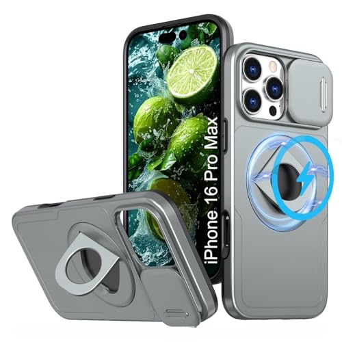 Image of LuxuryKase MagSafe Shockproof Rugged Back Case for iPhone 16 Pro Max | Finger Ring Kickstand & Sliding Camera Cover | Military Drop Protection | Wireless Charging Support - Grey