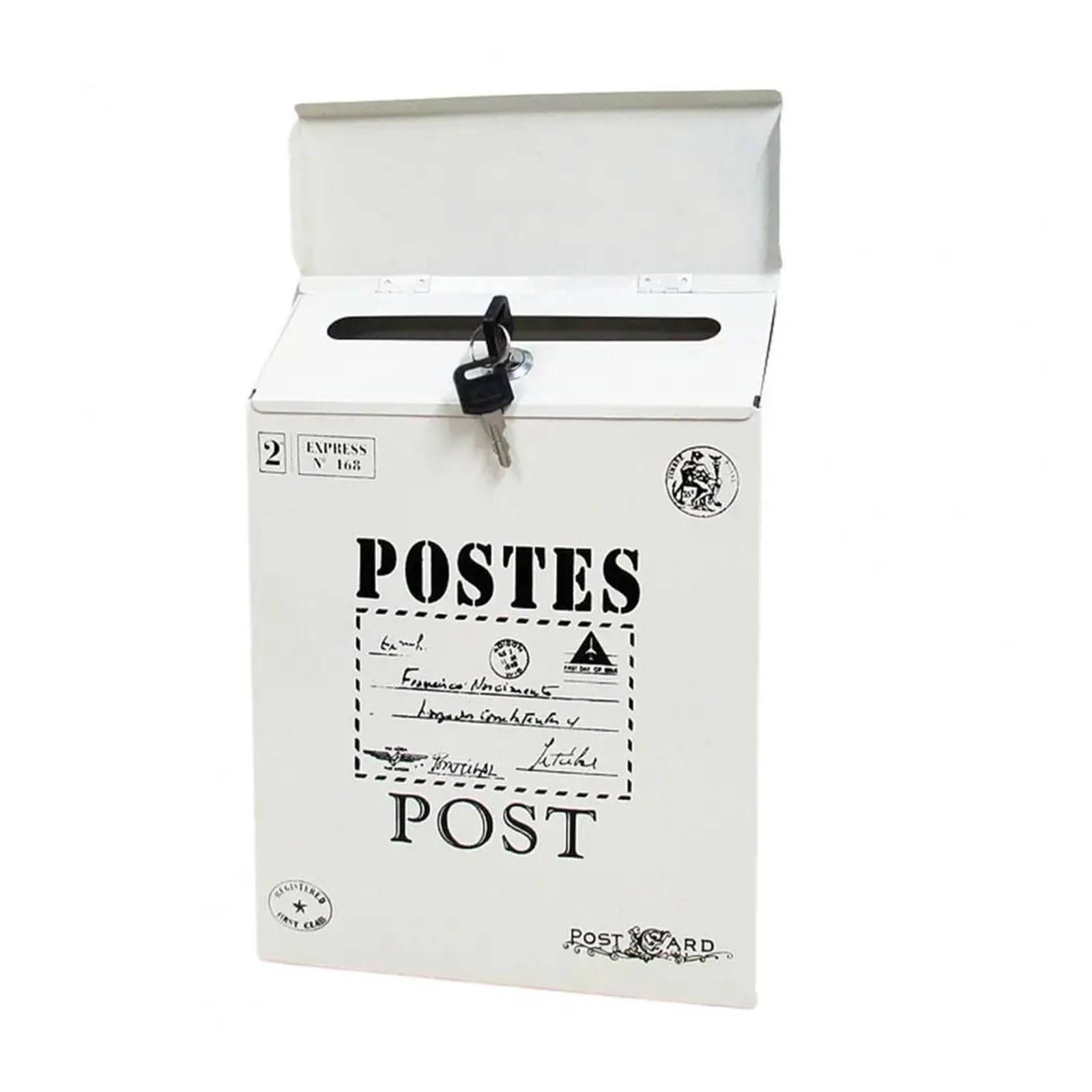 Post Box Iron Suggestion Box Rustic Style Wall Mounted Mailbox with Locking Secure Vibrant for Workplace(White A)
