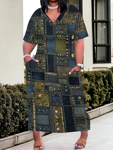 Image of SUZONANA Plus Size Denim Print Maxi Dresses for Women Casual V Neck Short Sleeve with Pockets Soft Jean Look Dress XL-6XL