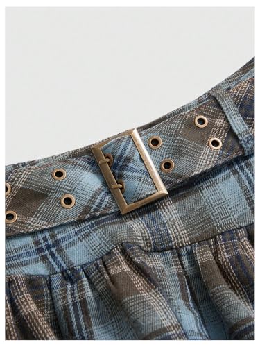 Verdusa Women's Grunge Colorblock Plaid Ruffle Skirt Y2K Tiered Layered Belted Skirt with Strap3