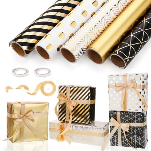 woric 5 Rollen Geschenkpapier Set, 43cm x 3m Geschenkpapier Schwarz Gold...
