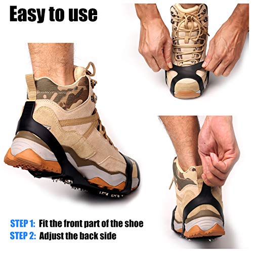 11 Spikes Crampons, Upgraded Version Stainless Steel Anti-Slip Microspikes, Ice Cleats Grips for Hiking Shoes and Boots, Hiking Fishing Walking Mountaineering (Black, Medium:Men(7-10)/EU:40-44)