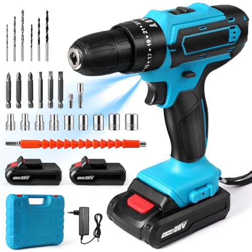 Taladro Atornillador Inalámbrico 28V, Taladro Percutor a Bateria 32Nm Destornillador Electrico con 2 Baterías