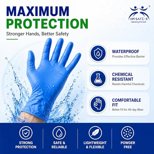 Image of AM Safe X Powder Free Blue Nitrile Gloves for Hands 80pcs | Food Grade Heavy Duty Disposable Multipurpose Gloves | Single Use | Cleaning, Kitchen, Tattoo, Salon, Automotive & Examination Gloves Small