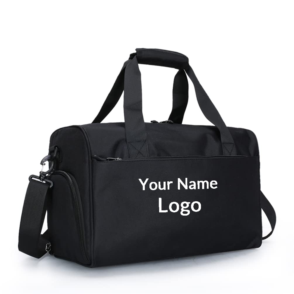 Custom Duffel Bag with Name Logo Image Personalized Travel Sports Gym Yoga Beach Bag with Dry Wet Pocket Shoes Compartment for Women Men (black)