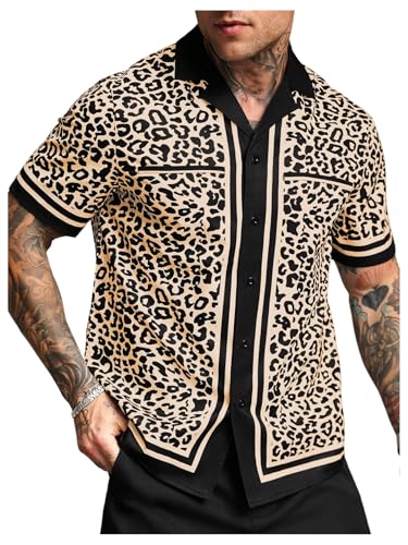 SHENHE Men's Button Down Short Sleeve Leopard Print Shirt Lapel Collar Casual Top