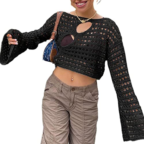 Image of Women's Crochet Knit Crop Top Pullover Sweater Long Sleeve Hollow Out Square Neck Y2k Shirt Summer Streetwear